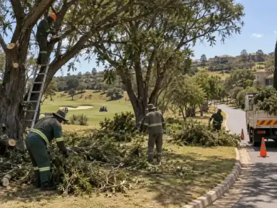 Estate and commercial tree maintenance team working safely in suburban community