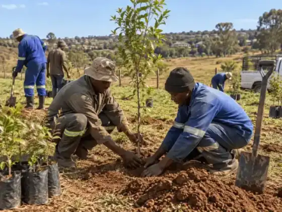 Professional arborist and landscape team planting and transplanting a young indigenous tree